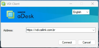 Janela do VDI Client aDesk com o campo Address preenchido