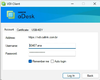 Janela do VDI Client aDesk com os campos Username e Password