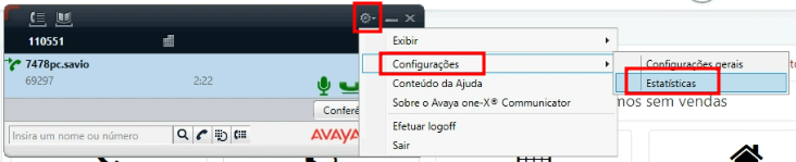 Menu do Avaya com Configurações e Estatísticas destacados