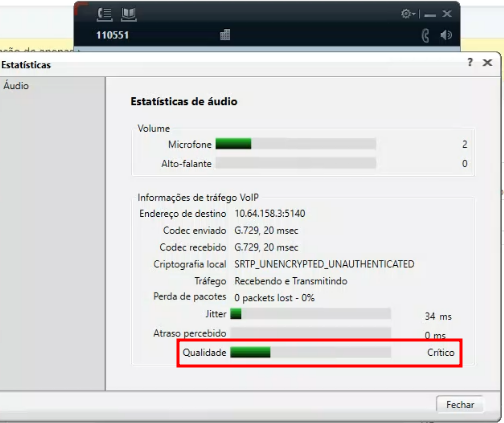 Tela de Estatísticas de áudio do Avaya com a Qualidade destacada