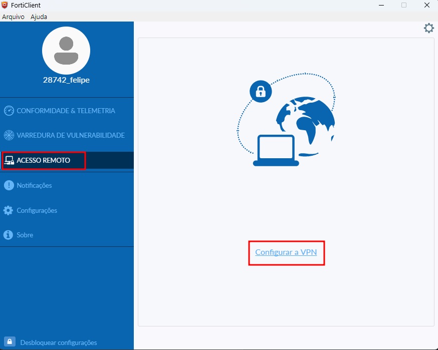 Tela do FortiClient com Acesso Remoto e Configurar a VPN destacados