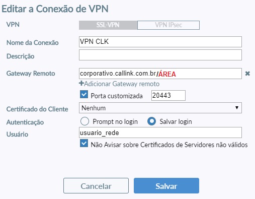 Tela de edição da conexão de VPN no FortiClient