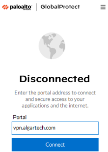 Tela do GlobalProtect com o campo Portal preenchido e o botão Connect