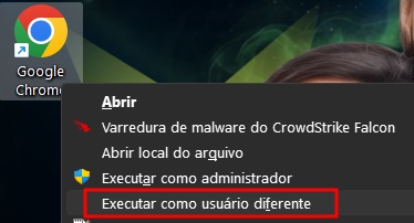 Menu de contexto do Google Chrome com Executar como usuário diferente destacado