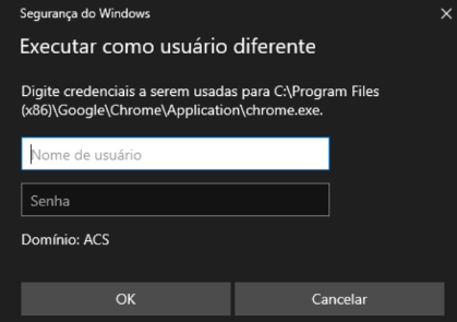 Janela de Segurança do Windows para executar como usuário diferente