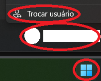 Menu Iniciar com Trocar usuário destacado