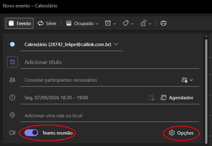 Novo evento com Teams reunião ativado e Opções destacado