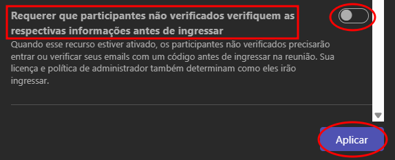 Opção de participantes não verificados desmarcada