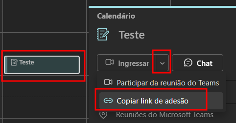Menu da reunião com Copiar link de adesão destacado