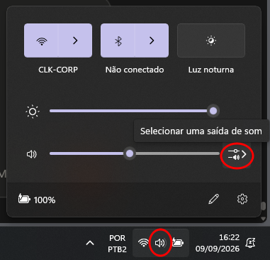 Painel de som rápido do Windows com o ícone de áudio destacado