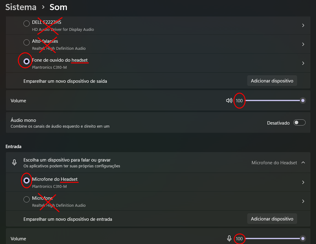 Tela Sistema > Som com o Headset selecionado e volume em 100