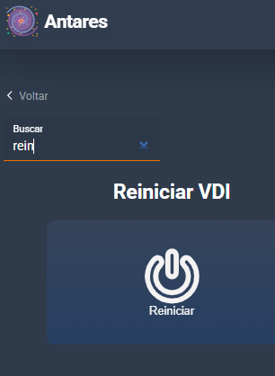 Tela do Antares com Reiniciar VDI